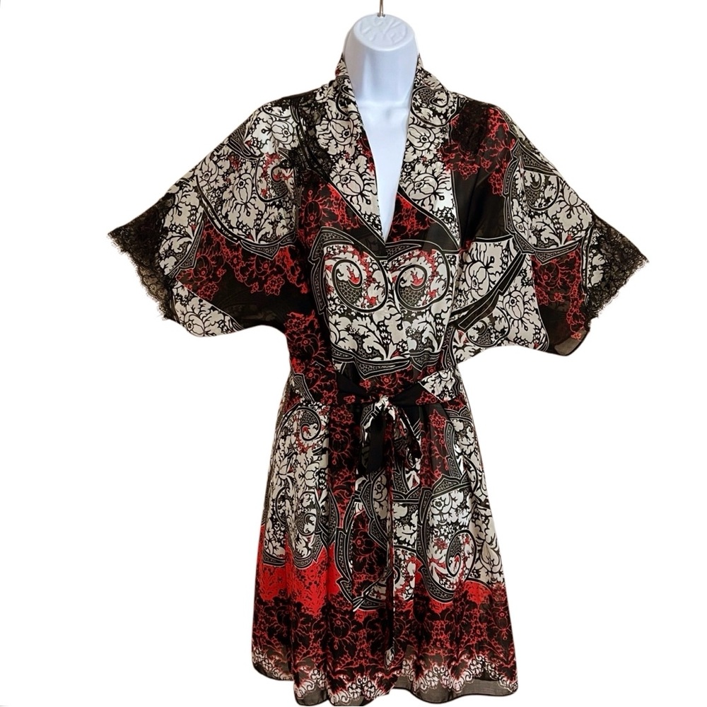 Soma Sheer Floral Patchwork Short Belted Robe Womens M Black Red Loungewear Lace